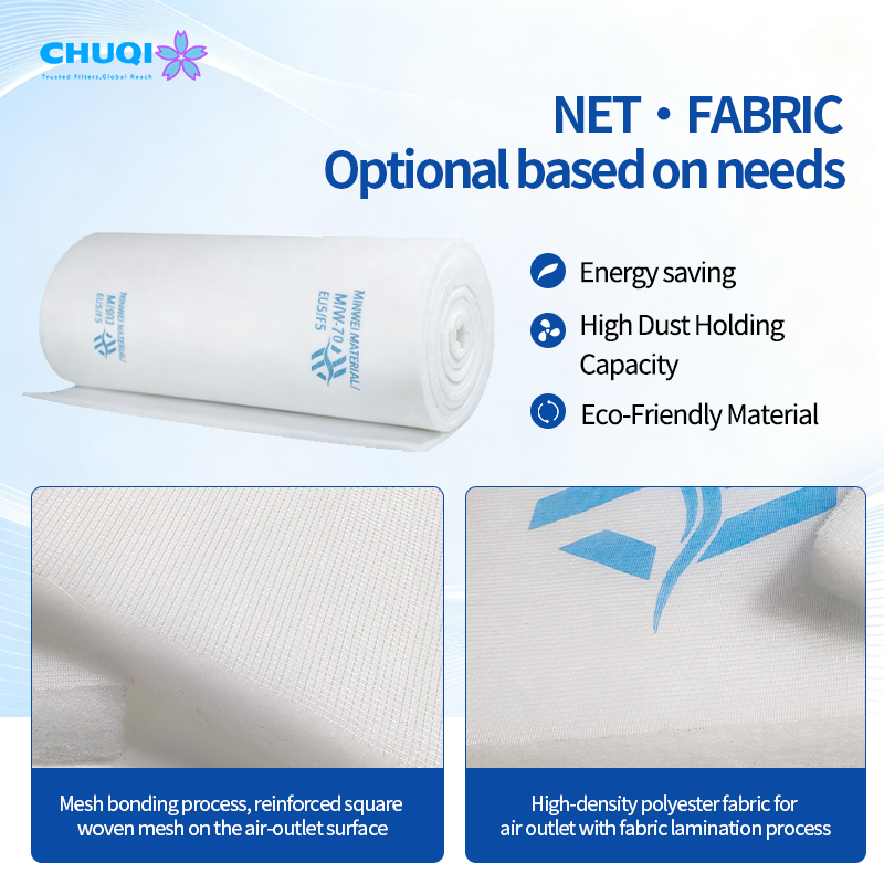 650g F5 ceiling filter rolls with optional net mesh and fabric lamination backing for spray booth air outlet.