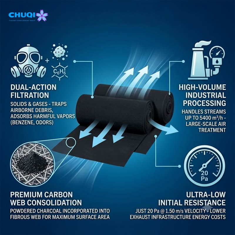 Chuqi custom carbon filter media manufacturer - flame retardant carbon filter media with UL900 Class 2 and DIN53438 F1 filter mat certification