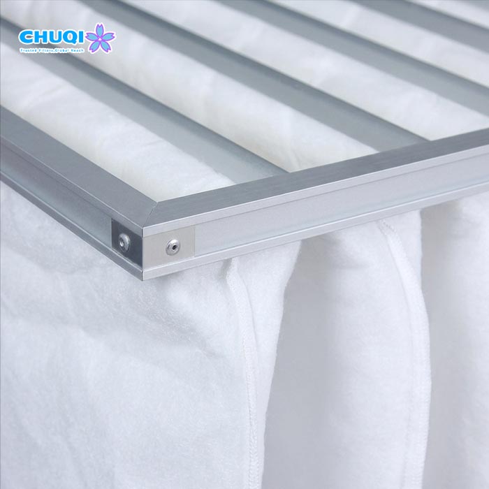 Anodized aluminum alloy frame detail with solid corner rivet joint for pocket air filter