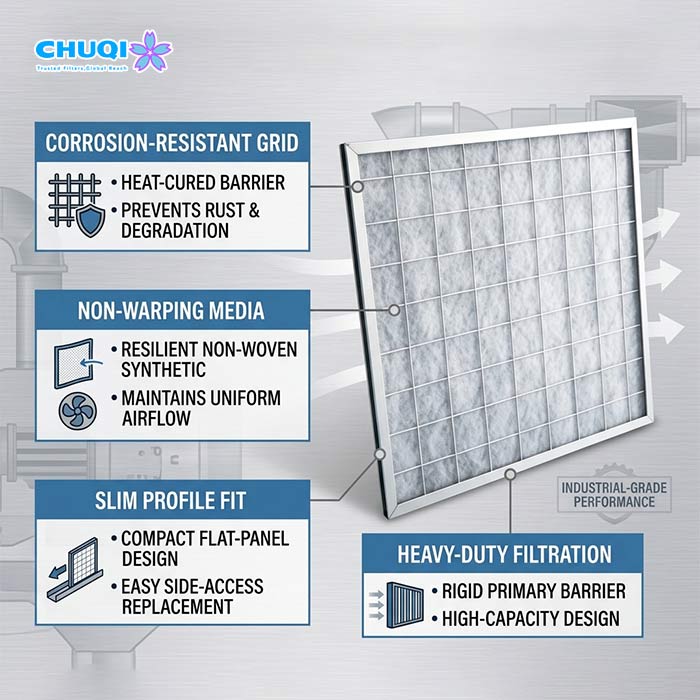 G3 Corrosion Resistant Coated Mesh Panel Air Filter for Spray Booth Pre-Filter Technical breakdown of G3 panel filter featuring heat-cured barrier grid, non-warping synthetic media, and slim profile
