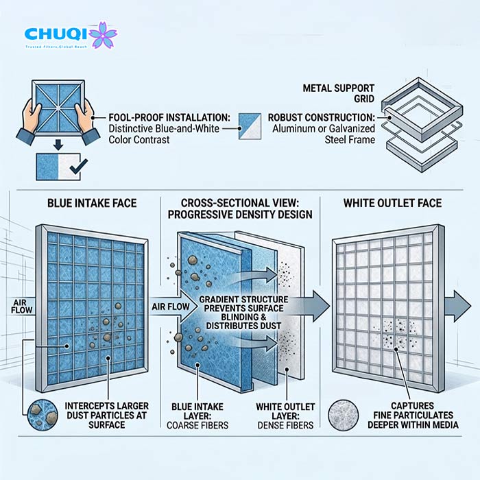 Technical diagram illustrating fool-proof blue and white color contrast installation and metal support grid structure