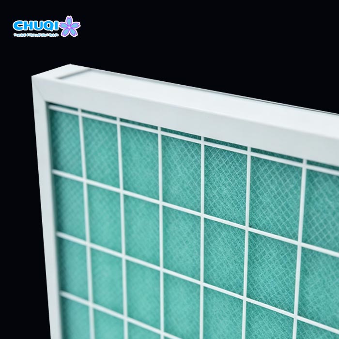 Close-up of galvanized steel frame and rigid metal retainer grid for air filter