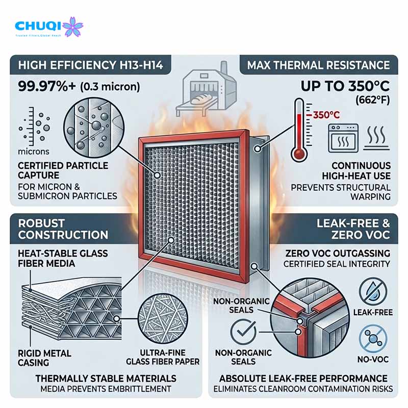 Filtre HEPA haute température | Classe d'efficacité H10-H14 avec papier de fibre de verre Spécifications du filtre HEPA résistant à la chaleur