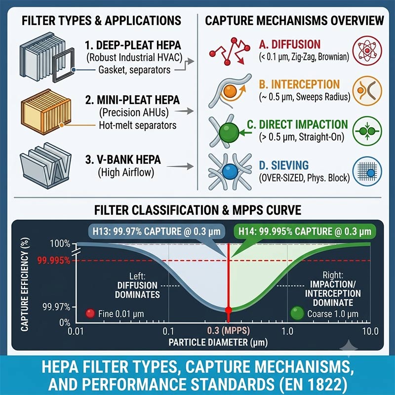 Comprehensive HEPA filter guide showing filter types, 4 capture mechanisms, and the MPPS efficiency curve under EN 1822 standard