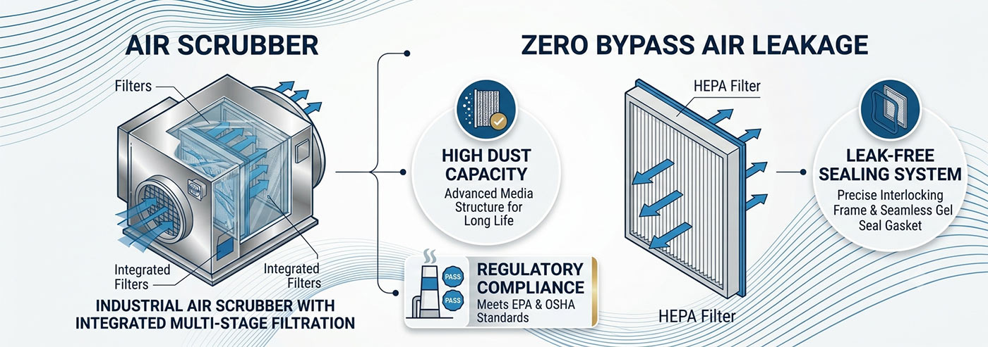 Industrial air scrubber diagram using mini-pleat HEPA filters for zero bypass air leakage