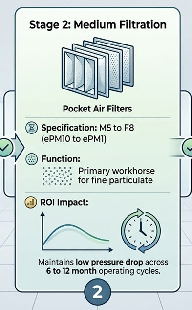 multi stage filtration stage 2 medium m5 f8 pocket air filter