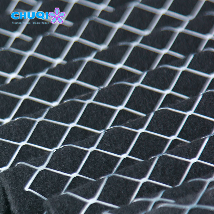 Pleated Carbon Filter Media Close-Up with Wire Grid Mesh Reinforcement