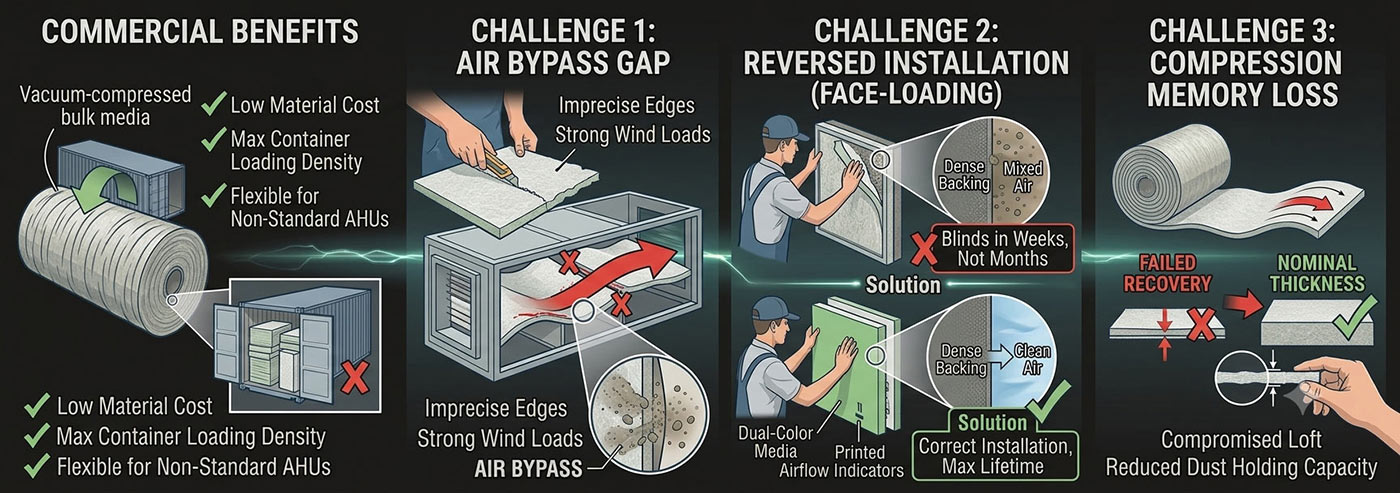 pre filter roll media deployment challenges air bypass reversed installation compression