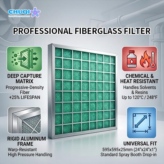 Professional spray booth fiberglass filter featuring deep capture matrix and resin resistance