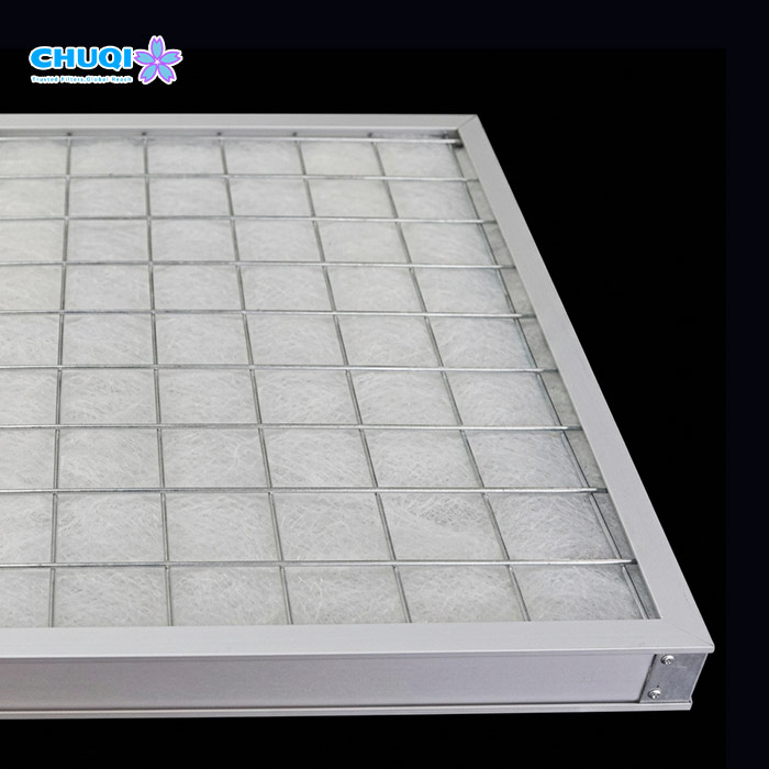 Angled detail of extruded aluminum alloy frame with metal support grid on G3 HVAC air filter