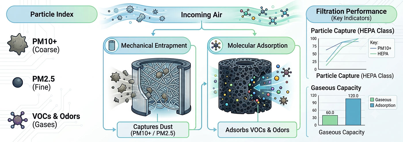 Dual-layer air filtration process showing mechanical entrapment of PM2.5 and PM10 particles alongside molecular adsorption of VOCs and odors using activated carbon core