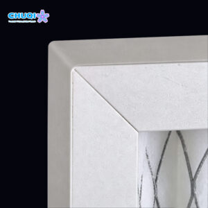 Precision corner joint detail of extruded aluminum frame air filter
