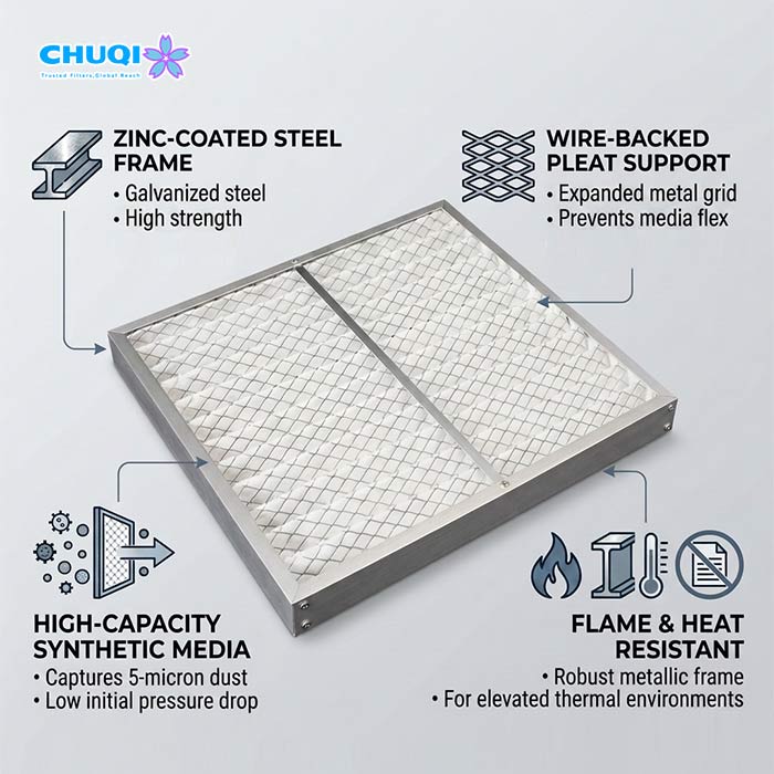 Chuqi zinc-coated steel pleated filter featuring wire-backed pleat support, high-capacity synthetic media, and flame heat resistance
