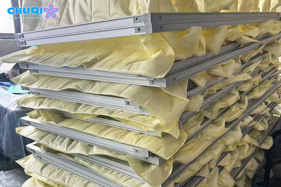 Pre-Pocket Filter Stacked F8 light yellow nonwoven pocket filters with aluminum frames ready for commercial ventilation orders