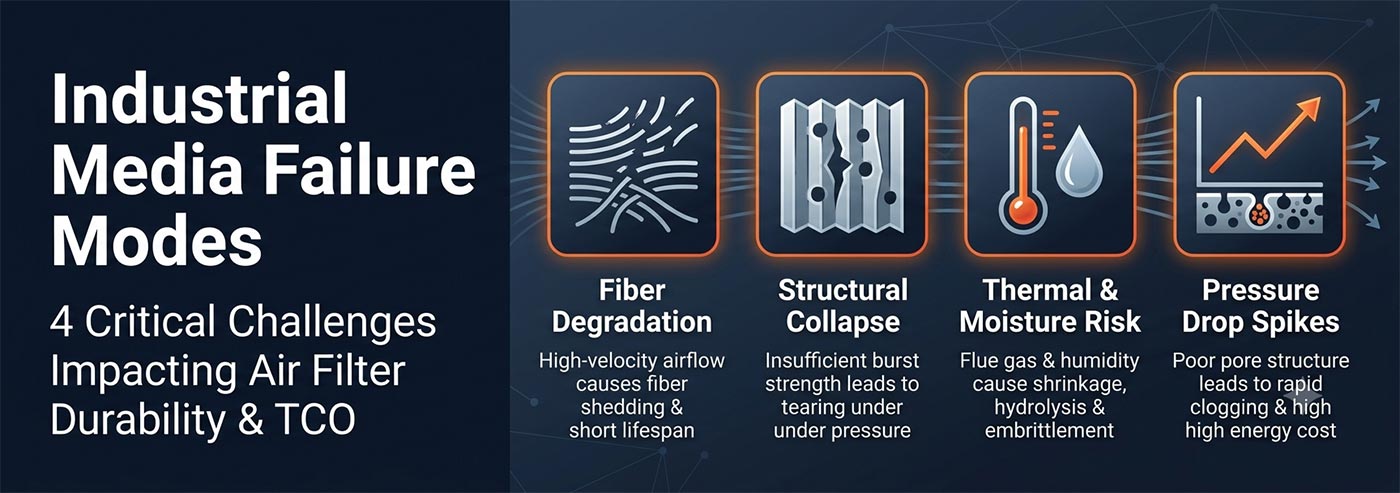 Which Manufacturers Offer the Most Durable Air Filter Media? Infographic showing 4 critical industrial air filter media failure modes: fiber degradation, structural collapse, thermal risk, and pressure drop spikes.