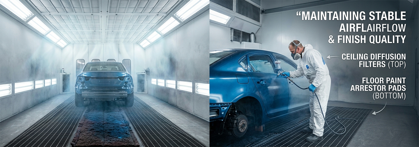 industrial paint booth filtration ceiling and floor pads