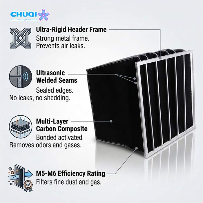 Rigid Header Frame Activated Carbon Synthetic Pocket Filter Key Features