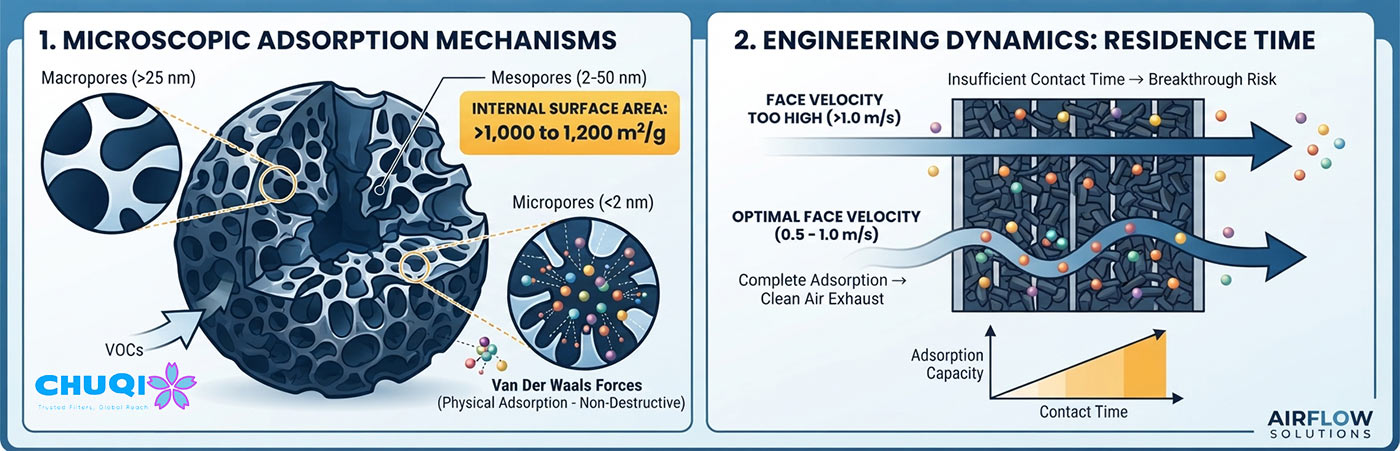 Infographic showing microscopic adsorption mechanisms and residence time physics of industrial activated carbon filters for VOC removal.